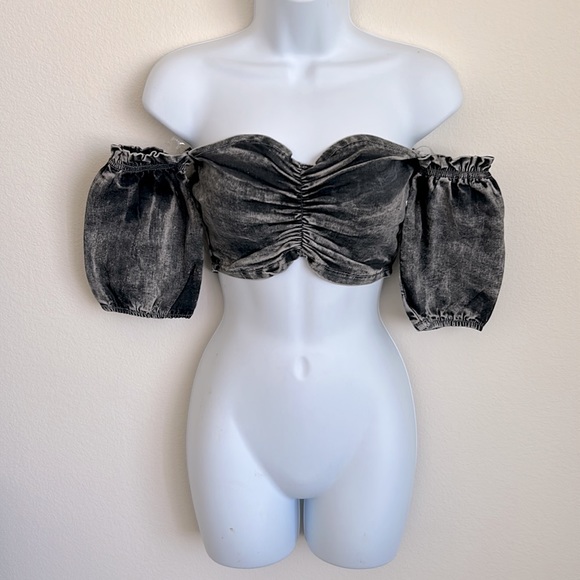 High quality Denim Ruched Short sleeved Bandeau Top - Picture 6 of 15